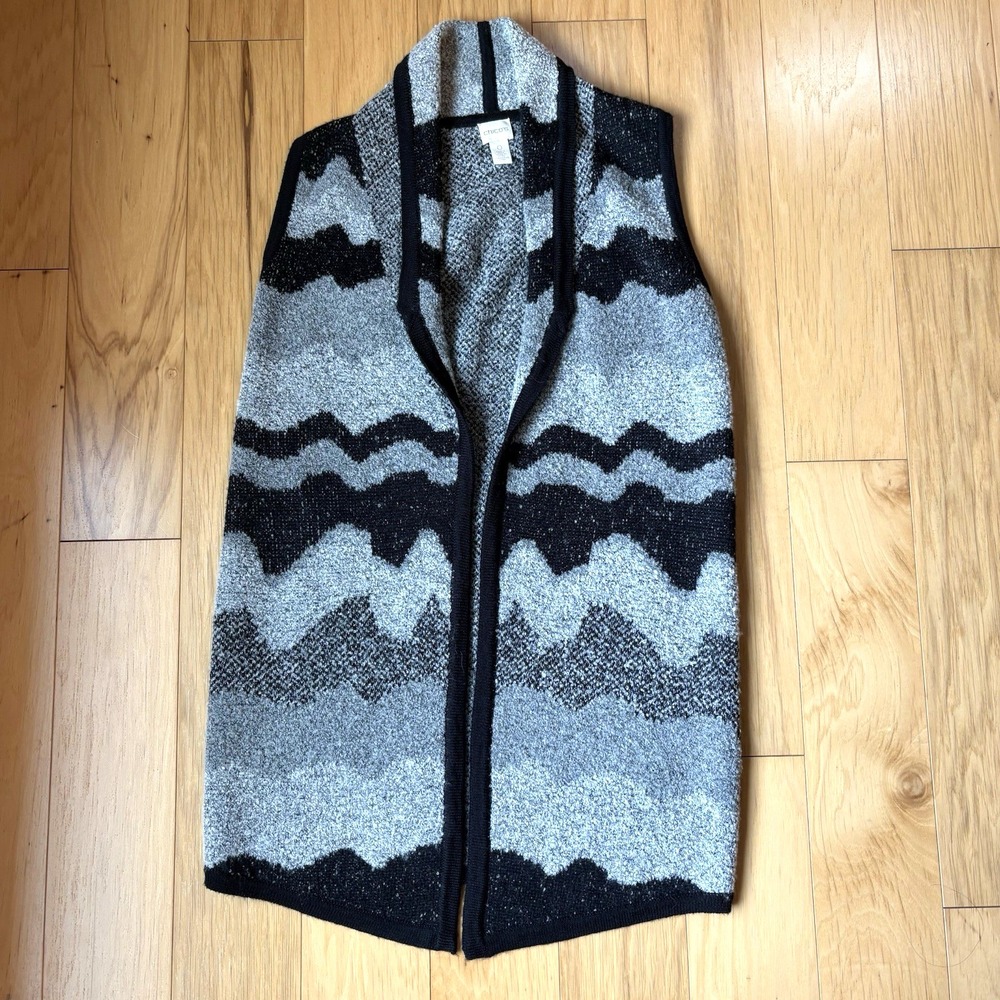 Chico's Open Front Knit Sweater Vest Geometric Wave Pattern Wool Blend Size 4-6